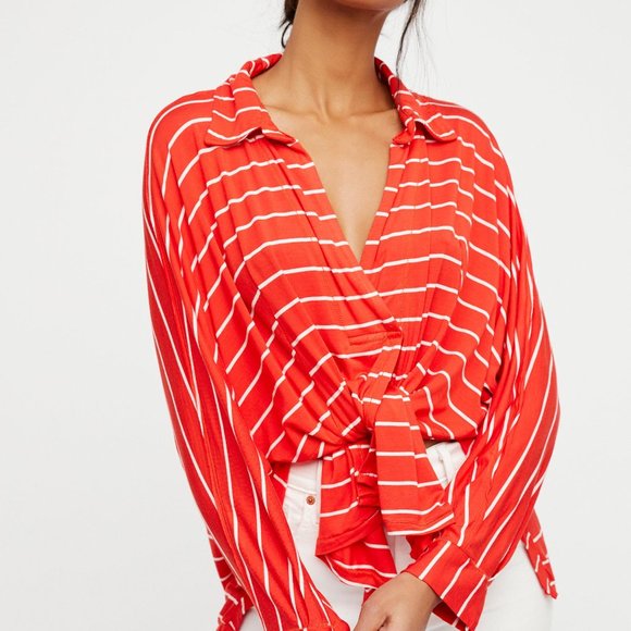 WE THE FREE Can't Fool Me red orange striped versatile tie front pull-over top - Picture 1 of 12